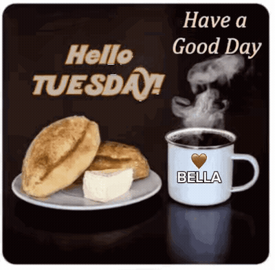 A Picture Of A Plate Of Food And A Cup Of Coffee With The Words Have A Good Day Tuesday . GIF