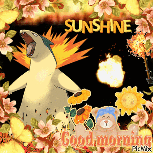 A Picture Of A Pokemon With The Words Sunshine And Good Morning On It GIF