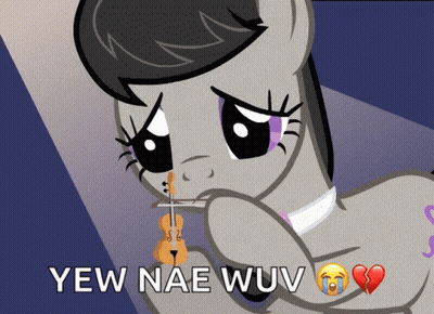 A Picture Of A Pony Holding A Violin With The Words " Yew Nae Wuv " On The Bottom GIF