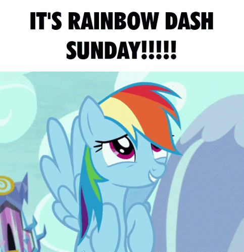 A Picture Of A Pony With The Words " It 'S Rainbow Dash Sunday " GIF
