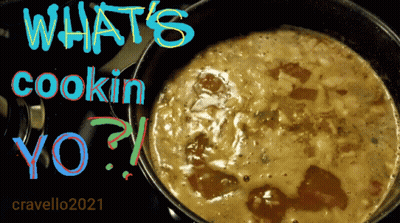 A Picture Of A Pot Of Soup With The Words What 'S Cookin Yo Written Above It GIF