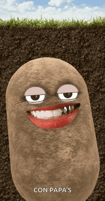 A Picture Of A Potato With A Face And The Words Con Papa 'S Below It GIF
