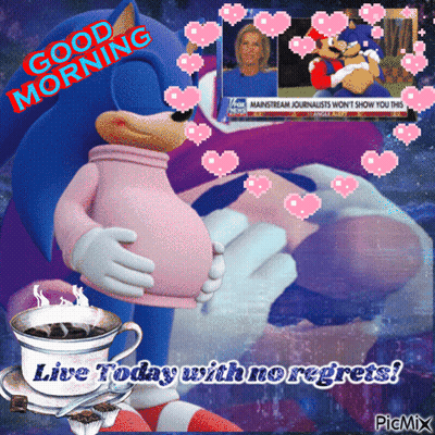 A Picture Of A Pregnant Sonic Holding A Cup Of Coffee With The Words " Live Today With No Regrets " GIF