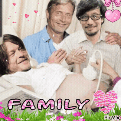 A Picture Of A Pregnant Woman Being Examined By Two Men With The Word Family On The Bottom GIF