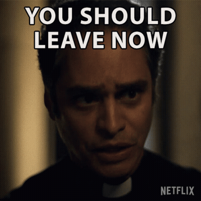 A Picture Of A Priest With The Words " You Should Leave Now " Above Him GIF