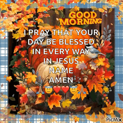 A Picture Of A Pumpkin And Leaves With The Words " Good Morning " On It GIF
