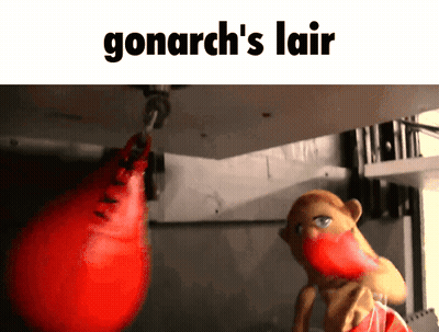 A Picture Of A Puppet Hitting A Punching Bag With The Words Gonarch 'S Lair Above It GIF