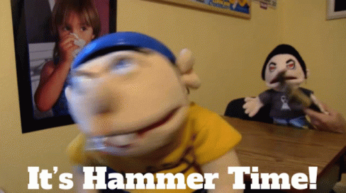 A Picture Of A Puppet With The Words It 'S Hammer Time On The Bottom GIF