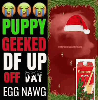 A Picture Of A Puppy With A Santa Hat And A Carton Of Eggnog . GIF