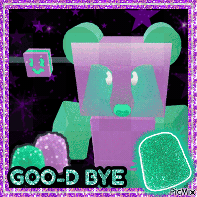 A Picture Of A Purple And Green Bear With The Words Goo-D Bye GIF