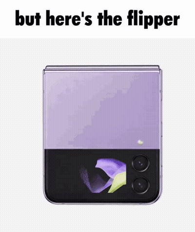 A Picture Of A Purple Flip Phone With The Words But Here 'S The Flipper Below It GIF