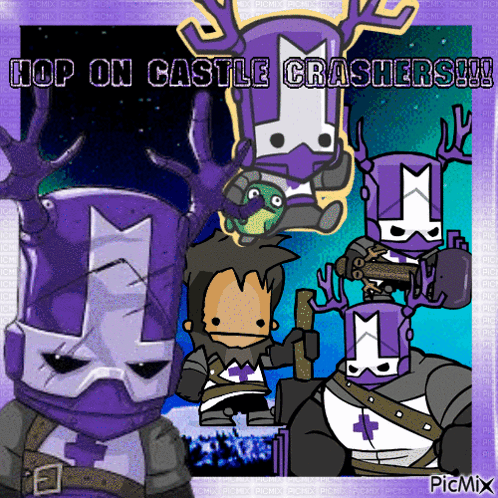 A Picture Of A Purple Knight With The Words Hop On Castle Crashers GIF