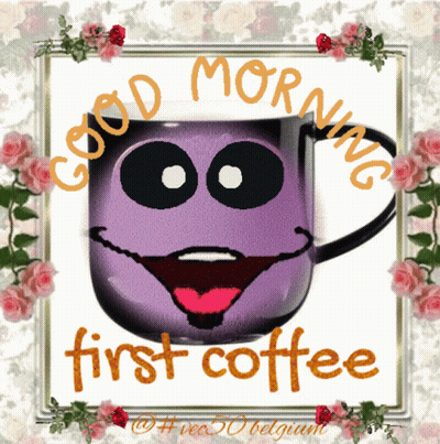 A Picture Of A Purple Mug With A Face And The Words " Good Morning First Coffee " GIF
