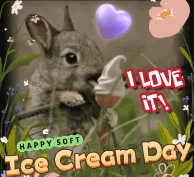 A Picture Of A Rabbit Eating An Ice Cream Cone With The Words " Happy Soft Ice Cream Day " Below It GIF