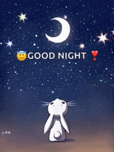 A Picture Of A Rabbit Looking Up At The Moon With The Words Good Night GIF
