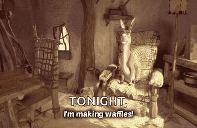 A Picture Of A Rabbit Sitting In A Chair With The Words Tonight I 'M Making Waffles On The Bottom GIF