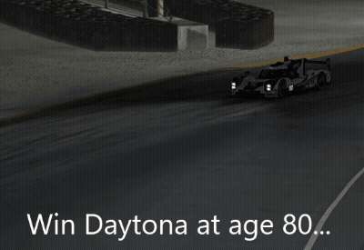 A Picture Of A Race Car On A Track With The Words Win Daytona At Age 80 GIF