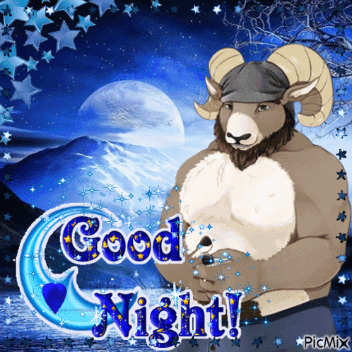 A Picture Of A Ram With The Words Good Night Written On It GIF