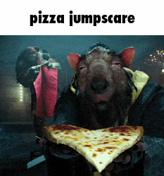 A Picture Of A Rat Holding A Slice Of Pizza With The Words Pizza Jumpscare Above It GIF