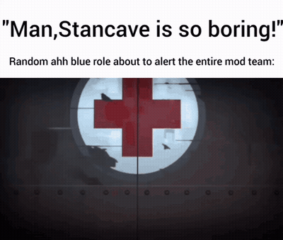 A Picture Of A Red Cross With The Words " Man, Stancave Is So Boring " GIF