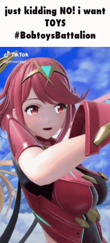 A Picture Of A Red Haired Anime Girl With The Caption Just Kidding No I Want Toys #Bobtoysbattalion GIF