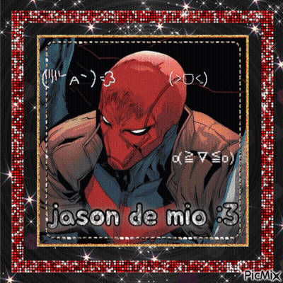 A Picture Of A Red Hood With The Words Jason De Mio 3 On It GIF