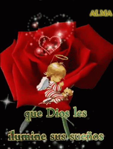 A Picture Of A Red Rose With An Angel On It GIF