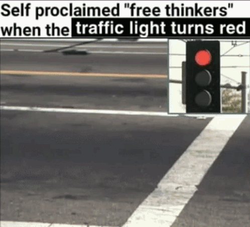 A Picture Of A Red Traffic Light With The Caption Self Proclaimed " Free Thinkers " When The Traffic Light Turns Red GIF
