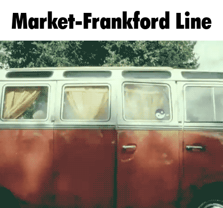 A Picture Of A Red Van With The Words Market-Frankford Line Below It GIF