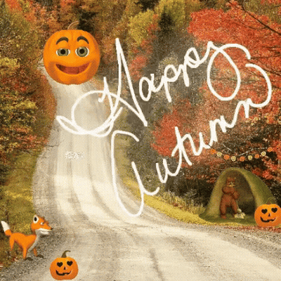 A Picture Of A Road With The Words Happy Autumn Written On The Bottom GIF