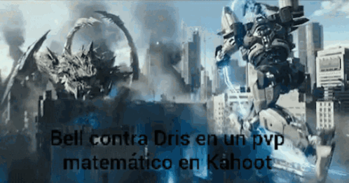 A Picture Of A Robot Fighting A Dragon With The Words Bell Contra Dris En Un Pvp Matematico En Kahoot GIF