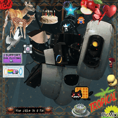 A Picture Of A Robot With A Birthday Cake And A Stamp That Says I Support Evil Plotting On It GIF