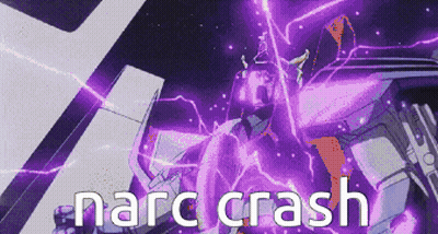 A Picture Of A Robot With Purple Lightning And The Words Narcis Crash On The Bottom GIF