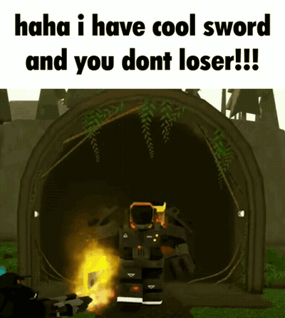 A Picture Of A Robot With The Words " Haha I Have Cool Sword And You Dont Loser " GIF