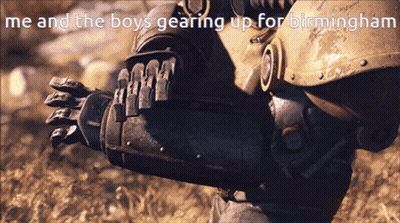 A Picture Of A Robot With The Words Me And The Boys Gearing Up For Birmingham Below It GIF