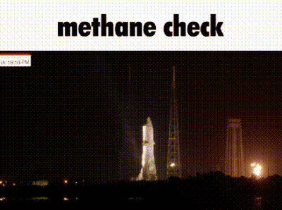 A Picture Of A Rocket Being Launched At Night With The Words " Methane Check " Below It GIF