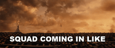 A Picture Of A Roof With The Words Squad Coming In Like On The Bottom GIF