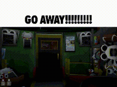 A Picture Of A Room With Stuffed Animals And The Words Go Away GIF