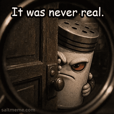 A Picture Of A Salt Shaker Peeking Out Of A Door With The Caption " It Was Never Real " GIF