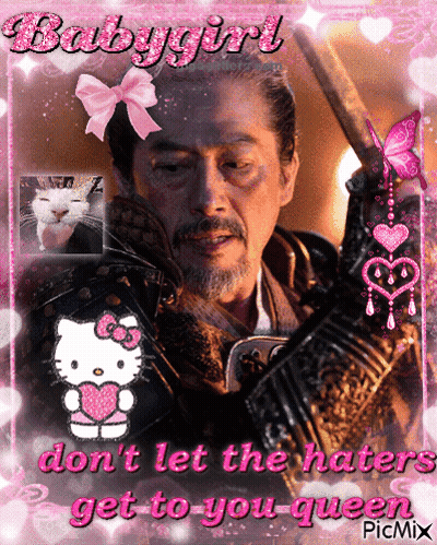 A Picture Of A Samurai Holding A Sword With A Hello Kitty Sticker On It GIF