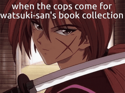 A Picture Of A Samurai Holding A Sword With The Caption When The Cops Come For Watsuki-San GIF