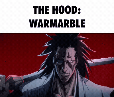 A Picture Of A Samurai Holding A Sword With The Words " The Hood Warmarble " Above Him GIF