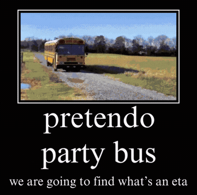 A Picture Of A School Bus With The Words Pretendo Party Bus Below It GIF