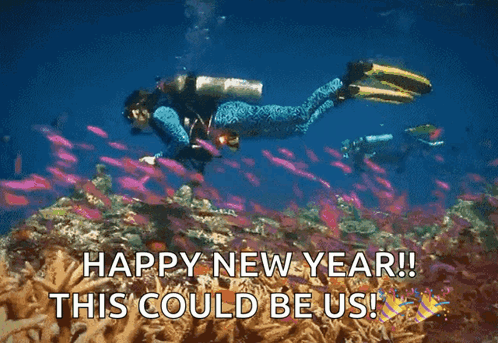 A Picture Of A Scuba Diver In The Ocean With The Words Happy New Year GIF