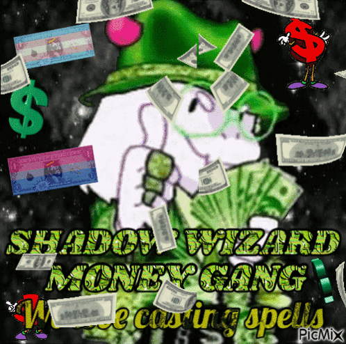A Picture Of A Shadow Wizard Holding A Microphone With Money Falling Around Him GIF