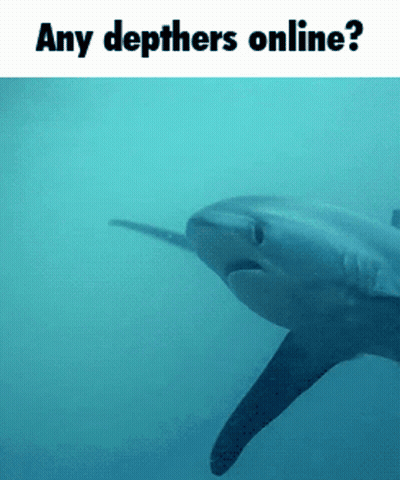 A Picture Of A Shark In The Ocean With The Words Any Depthers Online GIF
