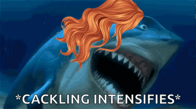 A Picture Of A Shark With A Woman 'S Head On It And The Words " Cackling Intensifies " Below It GIF