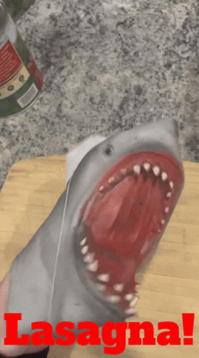A Picture Of A Shark With Its Mouth Open And The Word Lasagna In Red GIF
