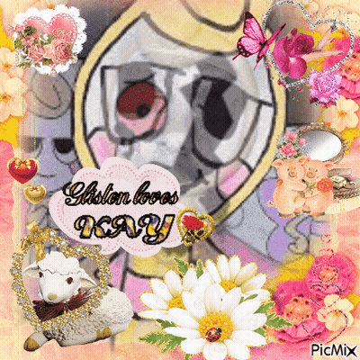 A Picture Of A Sheep And Flowers With The Words " Glisten Loves Day " GIF