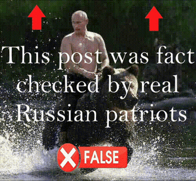 A Picture Of A Shirtless Man Riding A Bear With The Caption This Post Was Fact Checked By Real Russian Patriots X False GIF